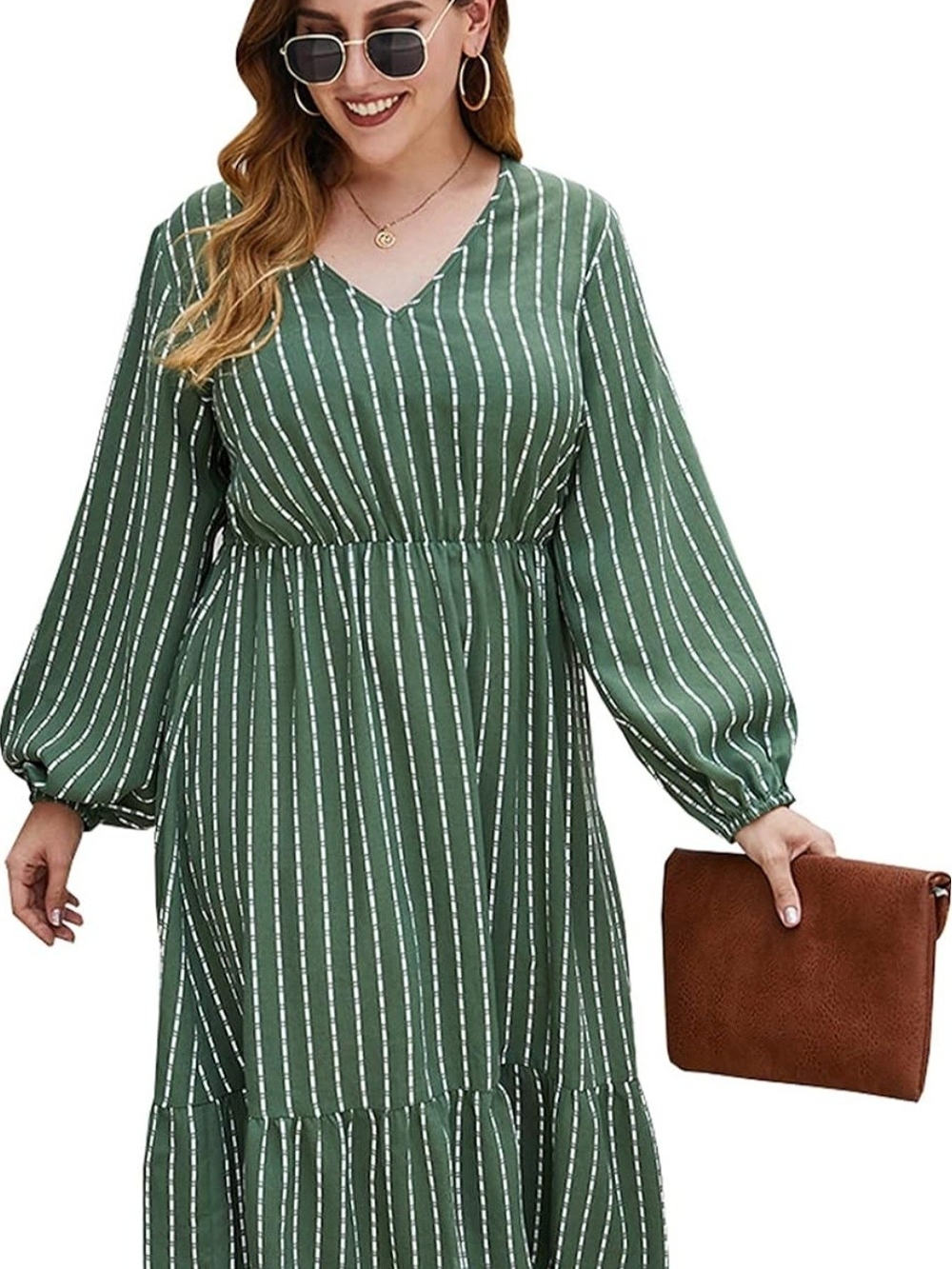 Women's Green Striped V-Neck Midi Dress - Picture 2 of 11